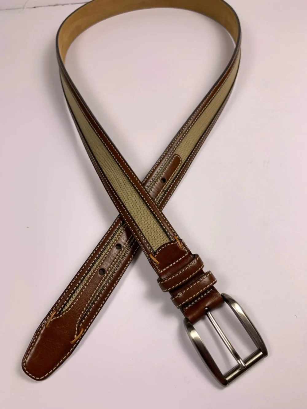 Tommy Bahama Belt 44 Tan Brown Canvas Leather Made Spain TB5080 Mens
